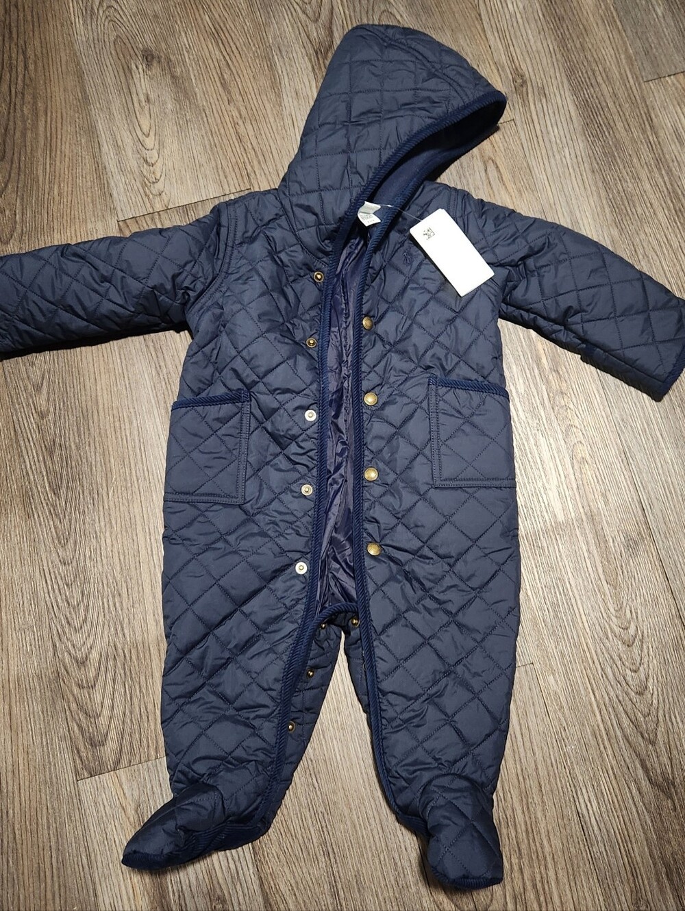 Ralph Lauren Navy Quilted Hooded Footie One-Piece